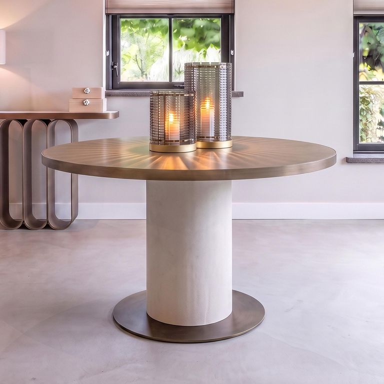 Tivoli Dining Table - 130cm - 6 Seater - Round - Pedestal - with Gold Trim - White - Ceramic