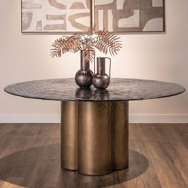 Glastonburry Dining Table - 135cm - 6 Seater - Round - Pedestal - Antique Gold - Glass and Metal