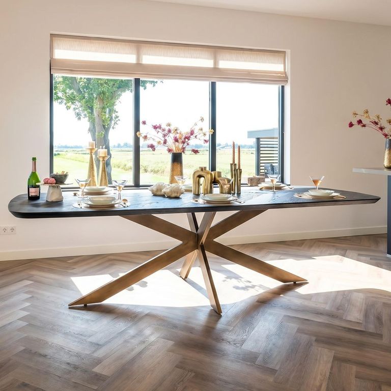 Hayley Dining Table - 280cm - 10 Seater - Spider Leg - Chevron - Dark Coffee - Recycled Oak and Metal