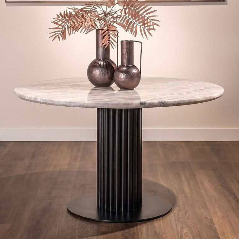 Nyon Dining Table - 120cm - 4 Seater - Round - Fluted Base - Blush Beige and Black - Marble and Metal