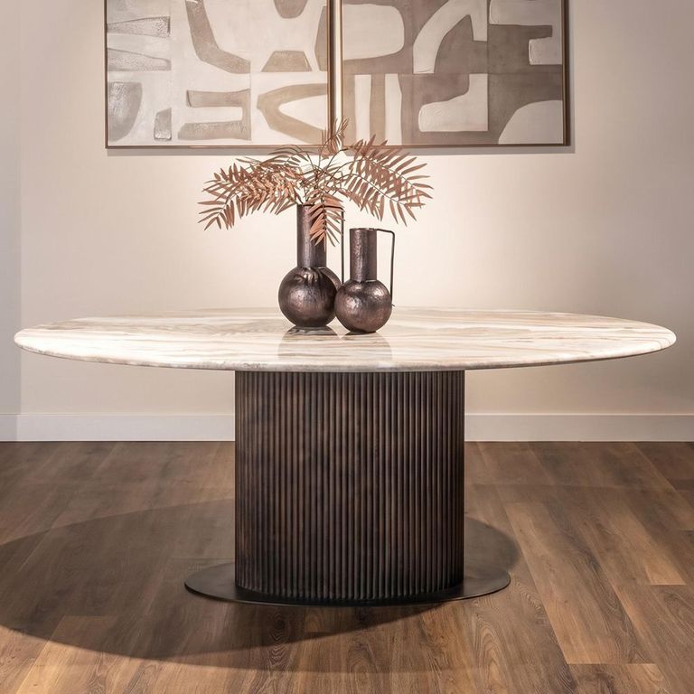 Rashford Dining Table - 200cm - 8 Seater - Oval - Fluted Base - Blush Beige and Brown - Marble and Metal