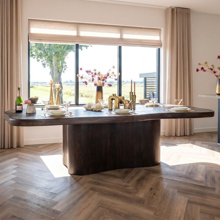 Sherman Dining Table - 230cm - 10 Seater - Abstract - Pedestal - Dark Brown - Acacia Wood