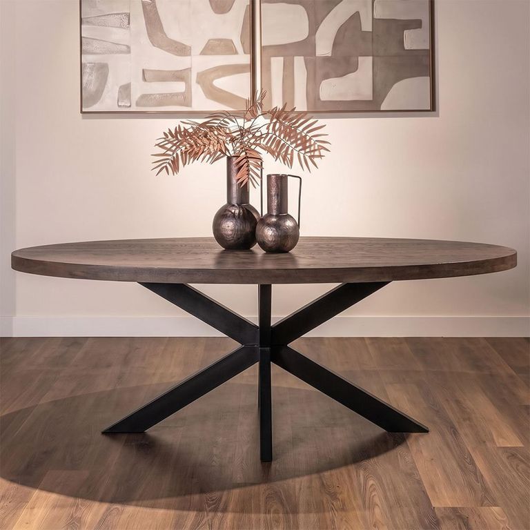 Watson Dining Table - 235cm - 10 Seater - Oval - Spider Leg - Dark Brown and Black - Oak and Metal