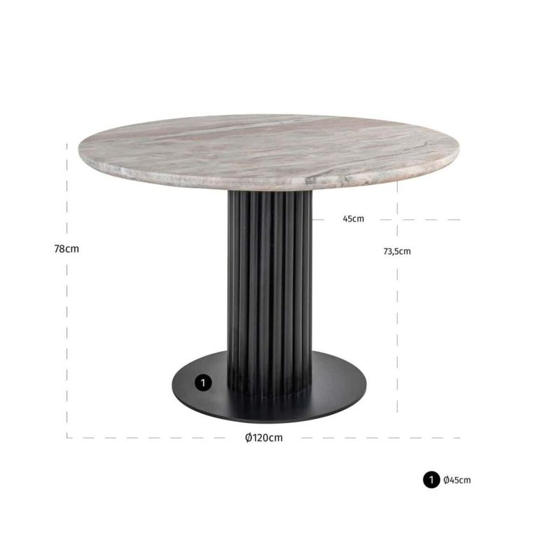 Nyon Dining Table - 120cm - 4 Seater - Round - Fluted Base - Blush Beige and Black - Marble and Metal