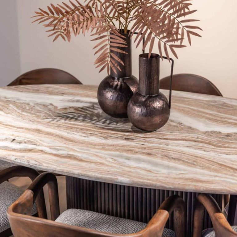 Rashford Dining Table - 200cm - 8 Seater - Oval - Fluted Base - Blush Beige and Brown - Marble and Metal
