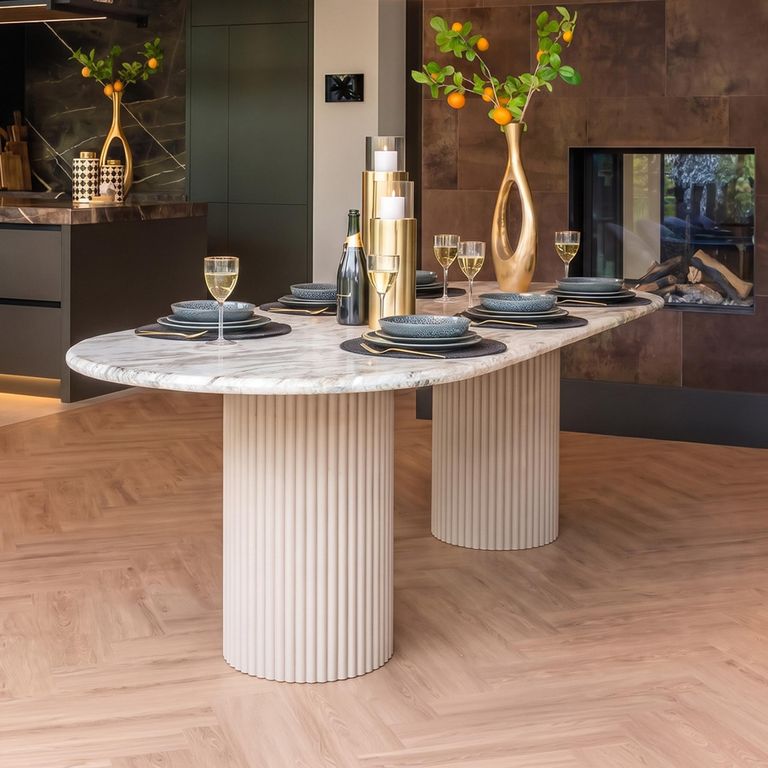 Coronel Beige Marble 10 Seater Dining Table with Fluted Pedestal Base