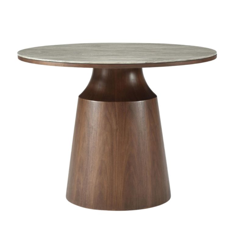 Willow Dining Table - 80cm - 4 Seater - Round - Column Base - Tobacco Walnut and Beige - Wood and Marble Effect