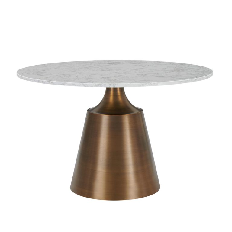 Olive Dining Table - 120cm - 4 Seater - Round - Column Base - White and Bronze - Marble Effect and Metal