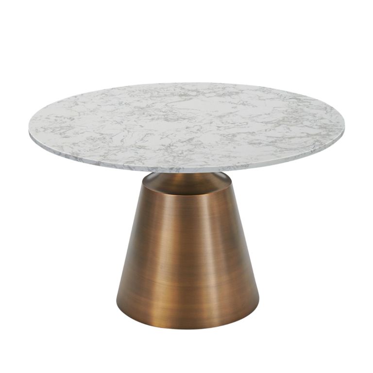Olive Dining Table - 120cm - 4 Seater - Round - Column Base - White and Bronze - Marble Effect and Metal