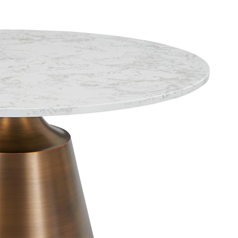 Olive Dining Table - 120cm - 4 Seater - Round - Column Base - White and Bronze - Marble Effect and Metal