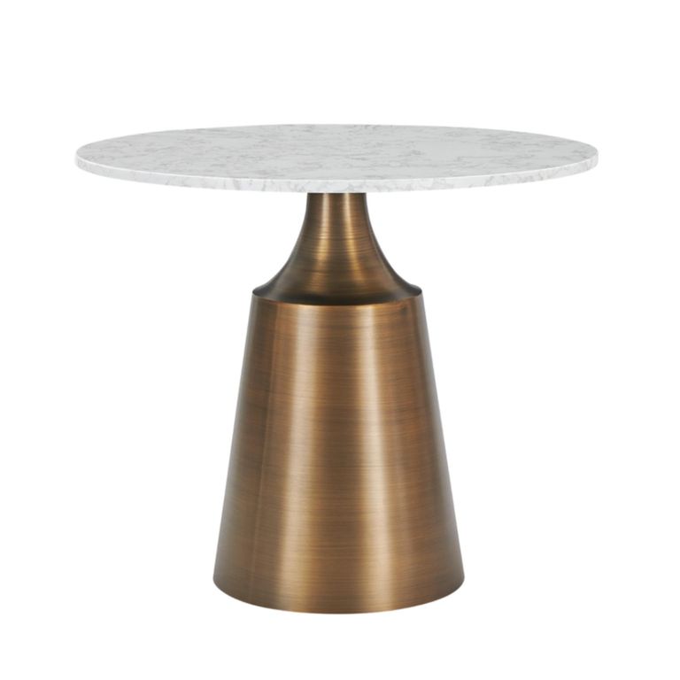 Olive Dining Table - 90cm - 2 Seater - Round - Column Base - White and Bronze - Marble Effect and Metal