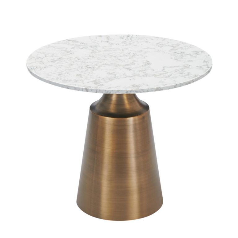 Olive Dining Table - 90cm - 2 Seater - Round - Column Base - White and Bronze - Marble Effect and Metal