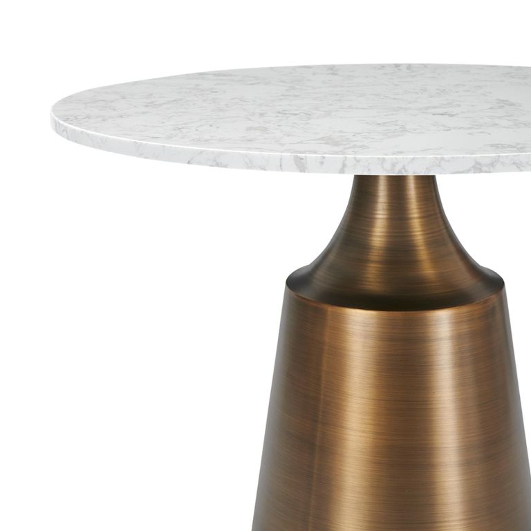 Olive Dining Table - 90cm - 2 Seater - Round - Column Base - White and Bronze - Marble Effect and Metal