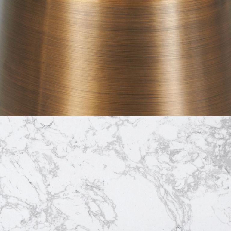 Olive Dining Table - 90cm - 2 Seater - Round - Column Base - White and Bronze - Marble Effect and Metal