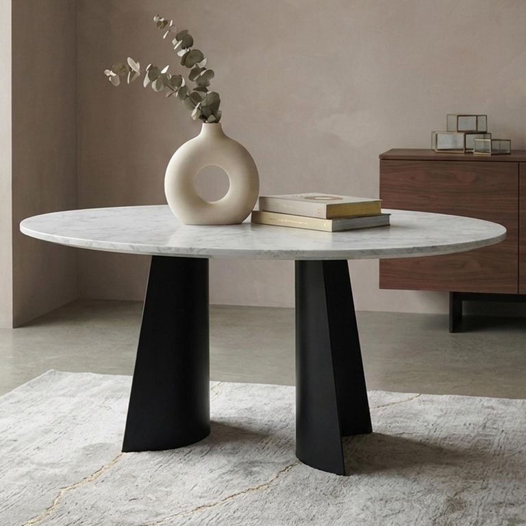 Rosemary Dining Table - 180cm - 6 Seater - Oval - White and Black - Marble Effect and Metal