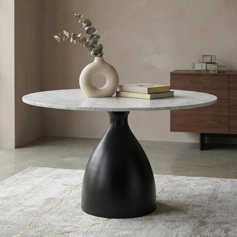 Hazel Dining Table - 100cm - 4 Seater - Round - Column Base - White and Black - Marble Effect and Metal