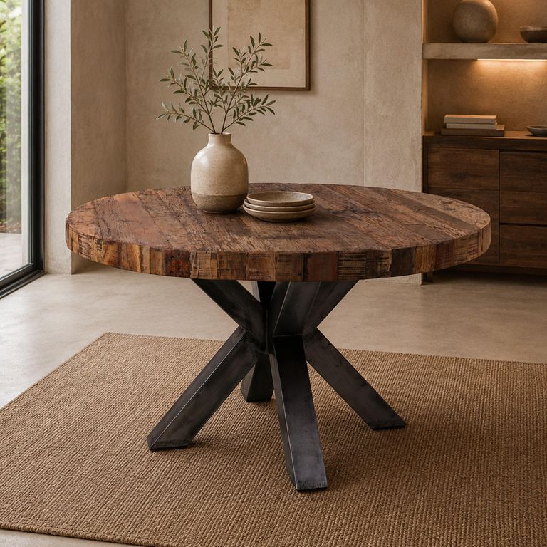 Bassano Dining Table - 160cm - 8 Seater - Round - Star Base - Natural and Black - Recycled Wood and Metal