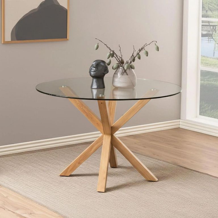 Clearance - Heaven Round Dining Table - 4 Seater - 119cm - Glass - with Oak Star Legs - FSS17393