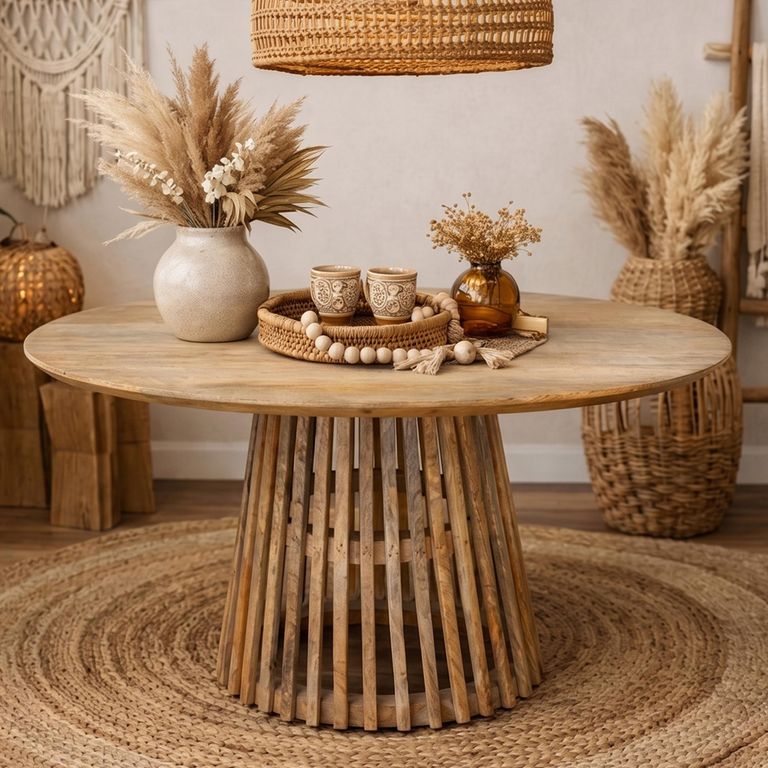 Dining Table - 120cm - 6 Seater - Round - Slatted Base - Rustic - Mango Wood