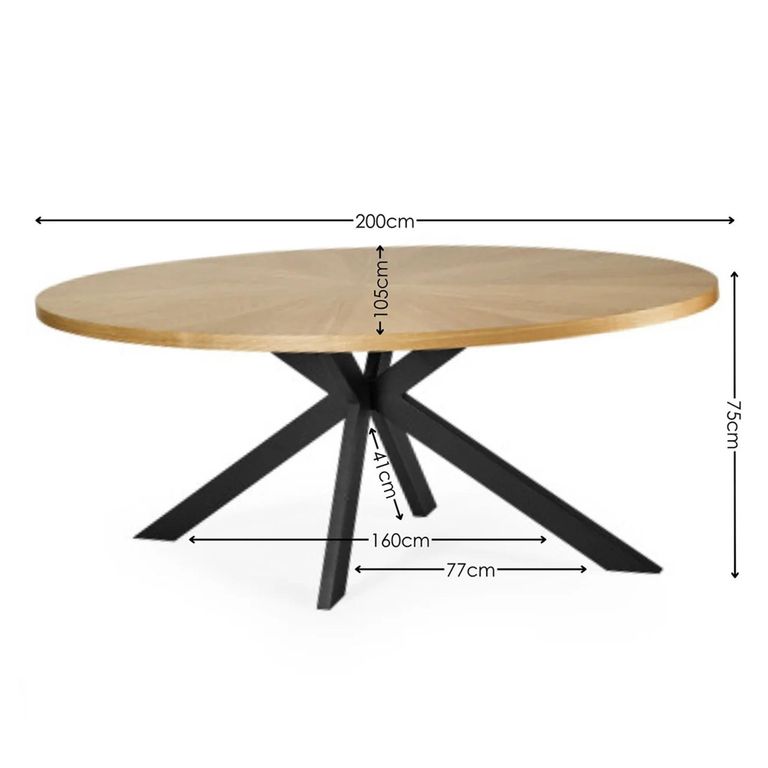 Bondi Dining Table - 200cm - 10 Seater - Oval - Spider Legs - Natural and Black - Oak and Metal