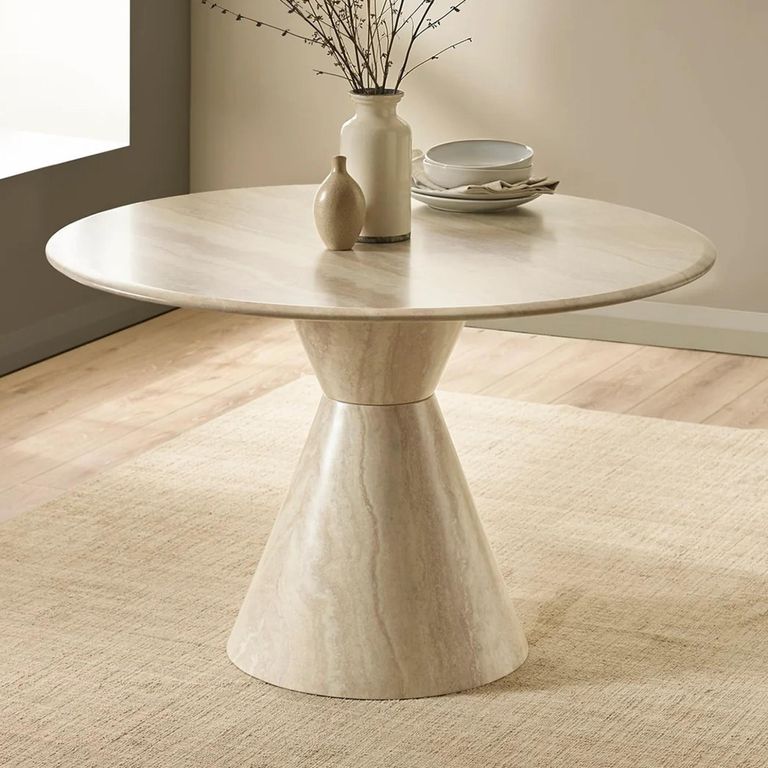 Verona Dining Table - 120cm - 6 Seater - Round - Cone Base - Cream - Marble Effect