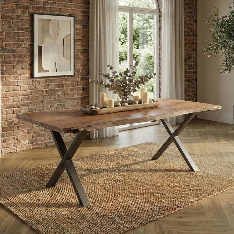 Belluno Industrial Dining Table - 300cm - 12 Seater - Live Edge - Cross Leg - Natural and Black - Acacia Wood and Metal