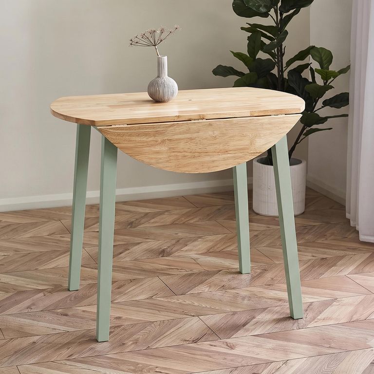Linwood Drop Leaf Dining Table - 55cm-90cm - 2-4 Seater - Round - Natural and Sage Green Painted - Oak Effect
