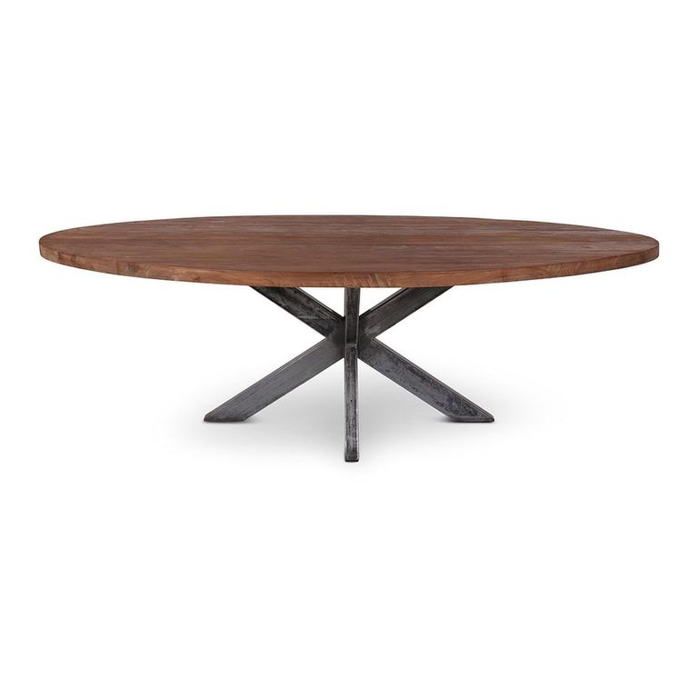 Leandro Industrial Dining Table - 240cm - 10 Seater - Oval - Spider Legs - Brown and Black - Teak Wood and Metal