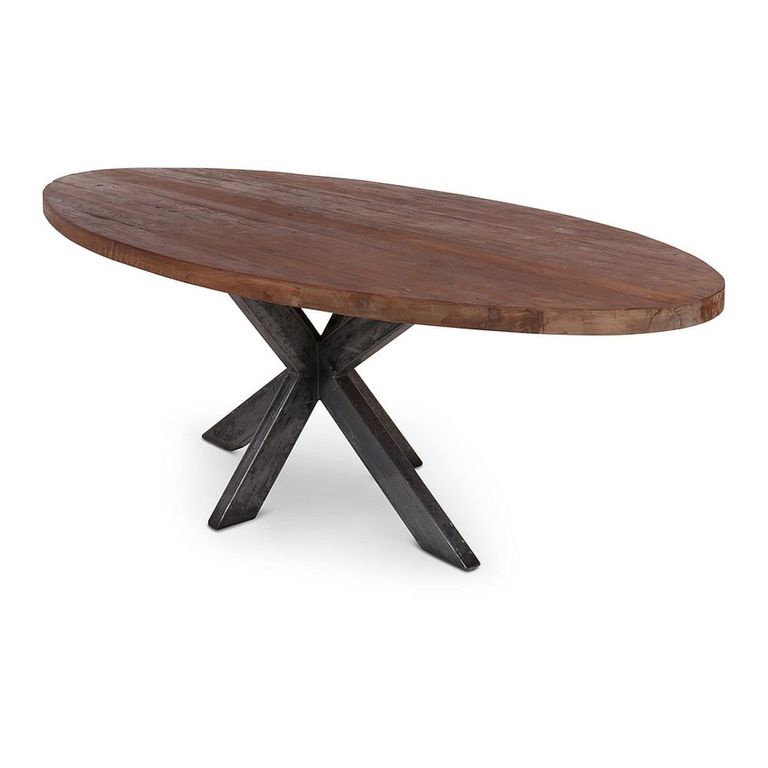 Leandro Industrial Dining Table - 240cm - 10 Seater - Oval - Spider Legs - Brown and Black - Teak Wood and Metal