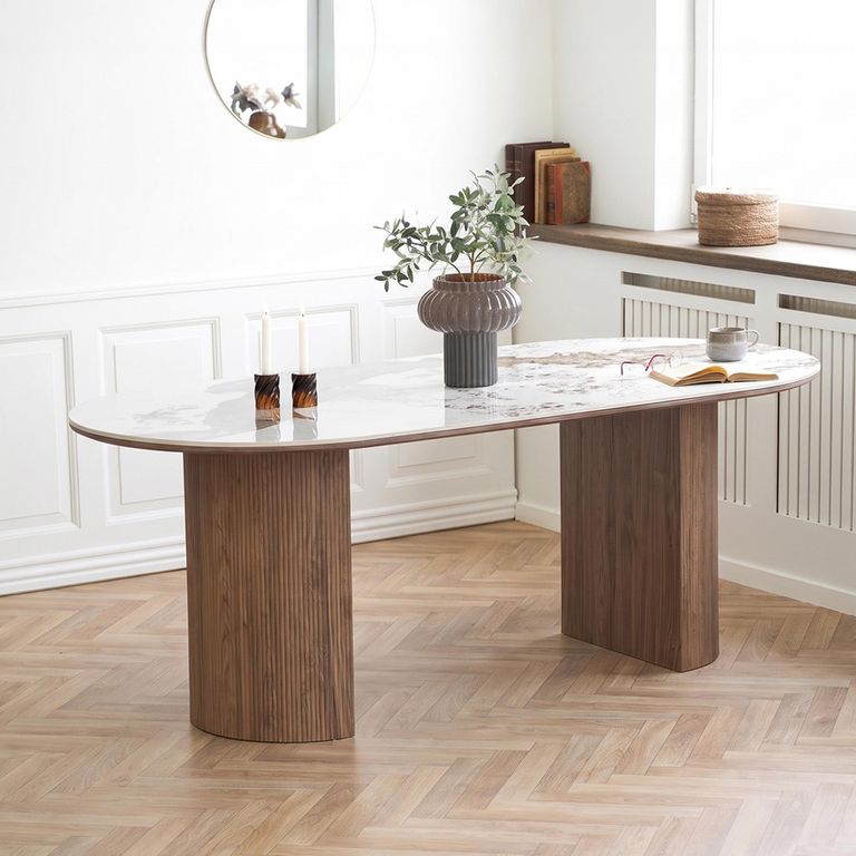 Athens Dining Table - 210cm - 8 Seater - Oval - White and Brown - Fluted Base - Ceramic and Wooden