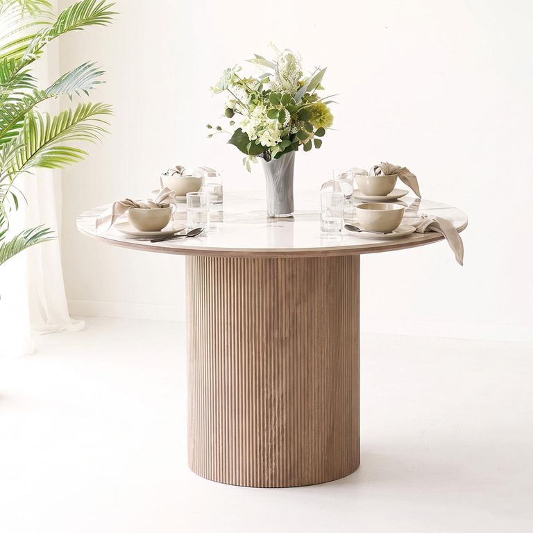 Athens Extending Dining Table - 120cm-200cm - 4-8 Seater - Round - Fluted Base - White and Brown - Ceramic and Wooden