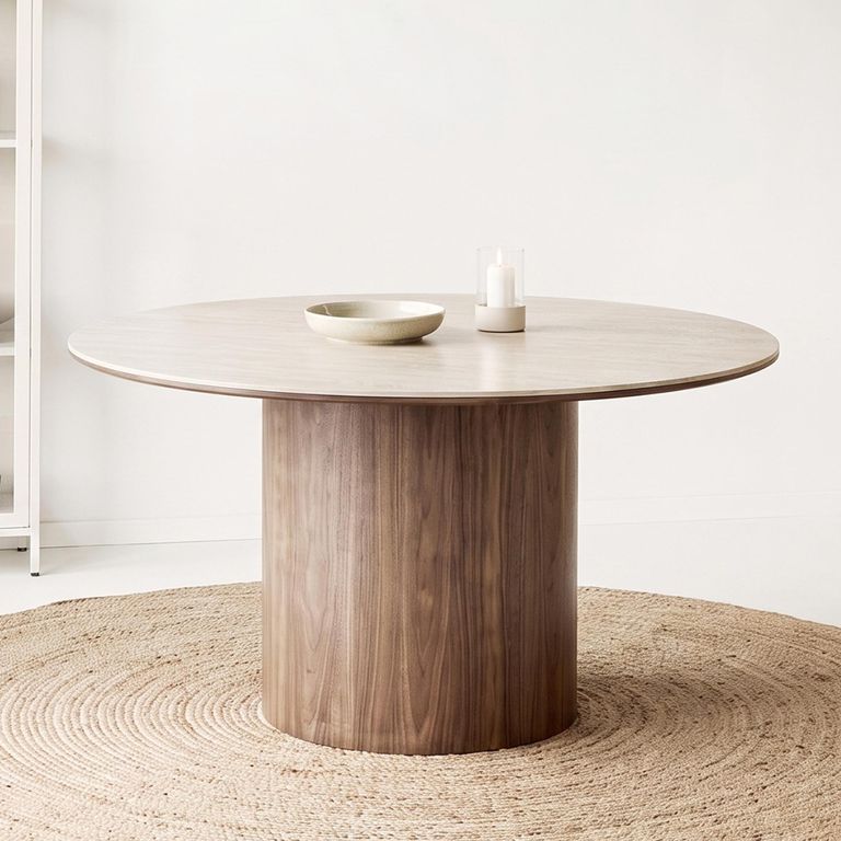 Delphi Dining Table - 140cm - 6 Seater - Round - Pedestal Base - Dark Brown - Ceramic and Wooden
