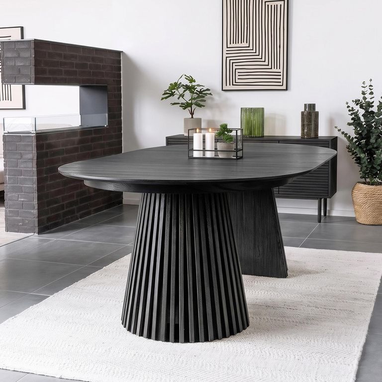 Osaka Oak Extending Dining Table - 200cm-300cm - 8-12 Seater - Oval - Slatted Base - Black