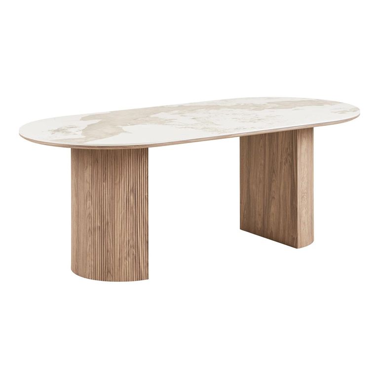 Athens Dining Table - 210cm - 8 Seater - Oval - White and Brown - Fluted Base - Ceramic and Wooden