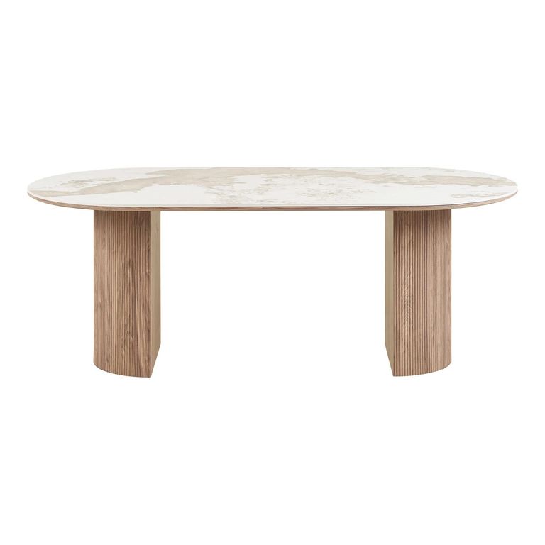 Athens Dining Table - 210cm - 8 Seater - Oval - White and Brown - Fluted Base - Ceramic and Wooden