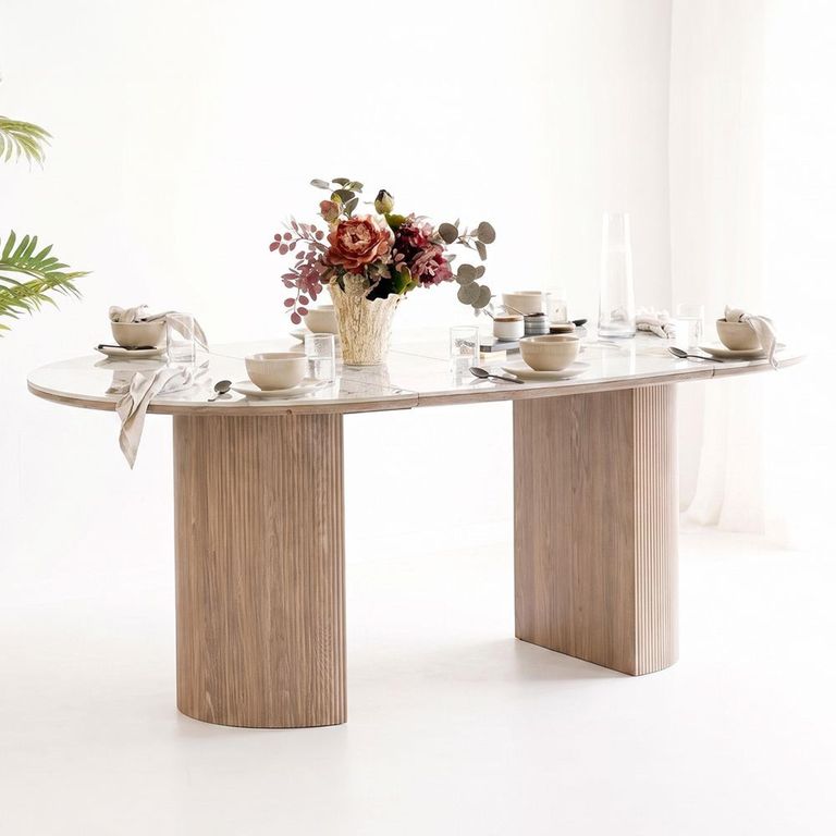 Athens Extending Dining Table - 120cm-200cm - 4-8 Seater - Round - Fluted Base - White and Brown - Ceramic and Wooden