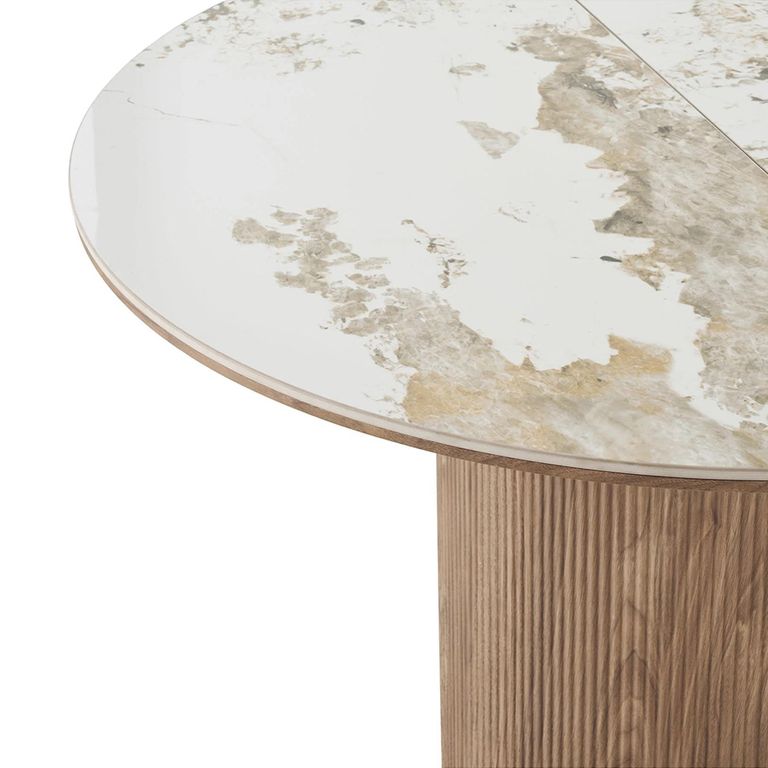 Athens Extending Dining Table - 120cm-200cm - 4-8 Seater - Round - Fluted Base - White and Brown - Ceramic and Wooden