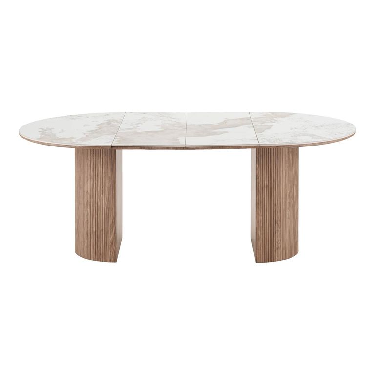Athens Extending Dining Table - 120cm-200cm - 4-8 Seater - Round - Fluted Base - White and Brown - Ceramic and Wooden