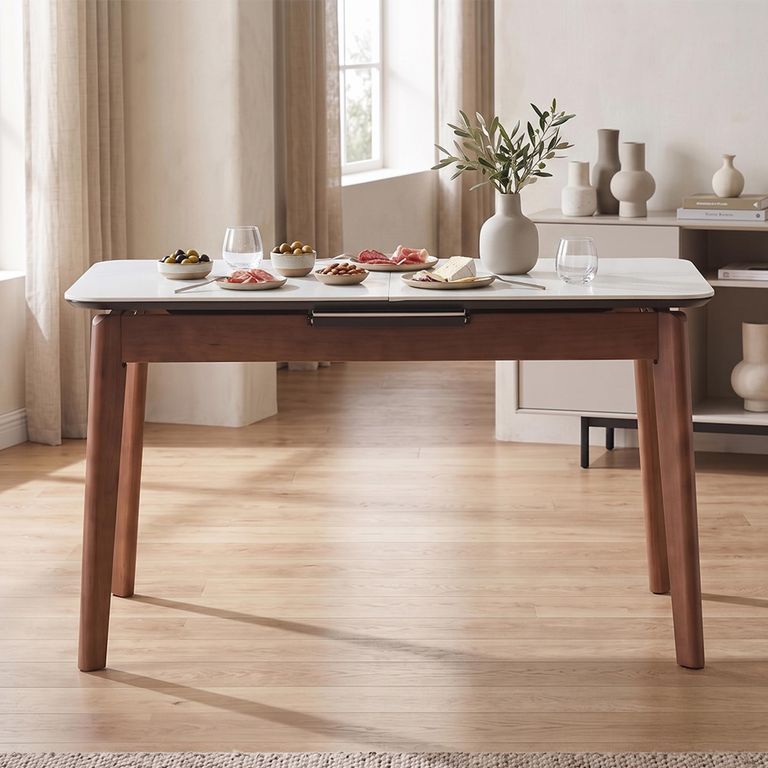 Turin Extending Dining Table - 130cm-160cm - 4-6 Seater - Off-White and Walnut - Sintered Stone Top