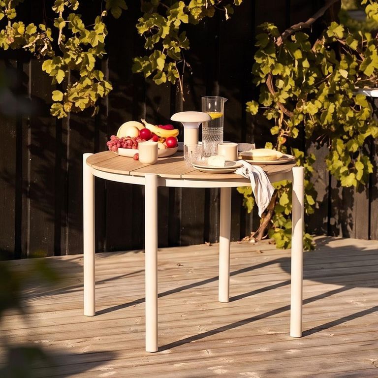 Abela Outdoor Dining Table - 90cm - 4 Seater - Round - Natural and Sand - Wooden and Aluminium