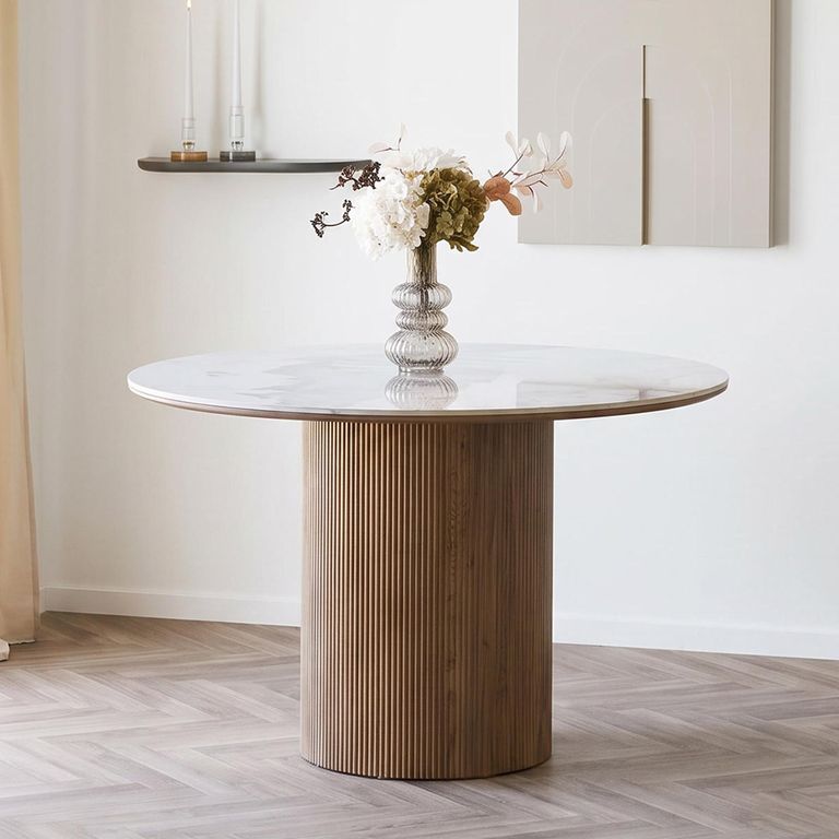 Athens Dining Table - 120cm - 4 Seater - Round - Fluted Base - White and Brown - Ceramic and Wooden