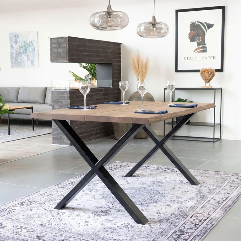 Toulon Dining Table - 140cm - 6 Seater - Wavy Edge - Cross Leg - Smoked and Black - Oak and Metal