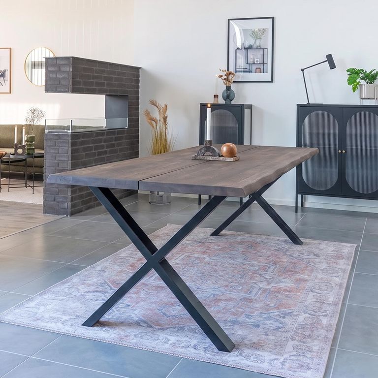 Toulon Dining Table - 240cm - 8 Seater - Wavy Edge - Cross Leg - Smoked and Black - Oak and Metal