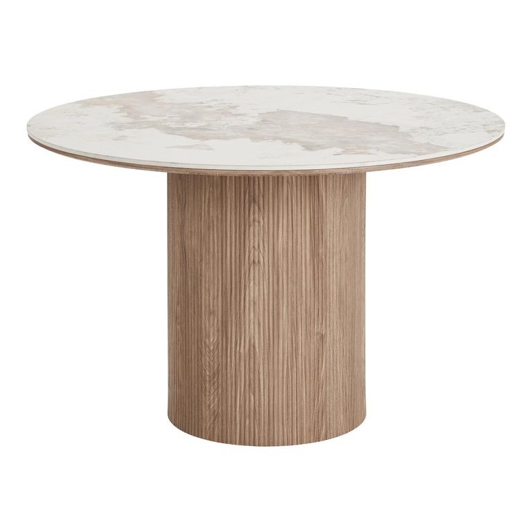 Athens Dining Table - 120cm - 4 Seater - Round - Fluted Base - White and Brown - Ceramic and Wooden