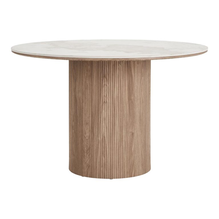 Athens Dining Table - 120cm - 4 Seater - Round - Fluted Base - White and Brown - Ceramic and Wooden