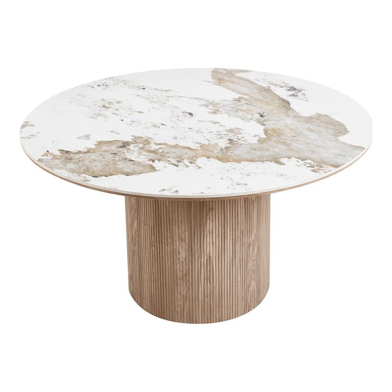 Athens Dining Table - 140cm - 6 Seater - Round - Fluted Base - White and Brown - Ceramic and Wooden