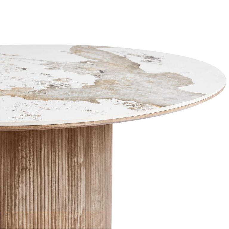 Athens Dining Table - 140cm - 6 Seater - Round - Fluted Base - White and Brown - Ceramic and Wooden