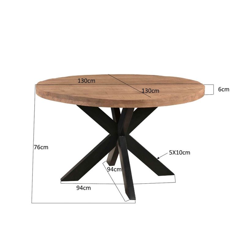 Sturdy Dining Table - 130cm - 6 Seater - Round - Spider Legs - Natural - Mango Wood
