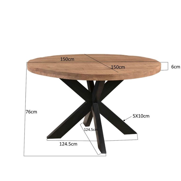 Sturdy Dining Table - 130cm - 6 Seater - Round - Spider Legs - Natural - Mango Wood