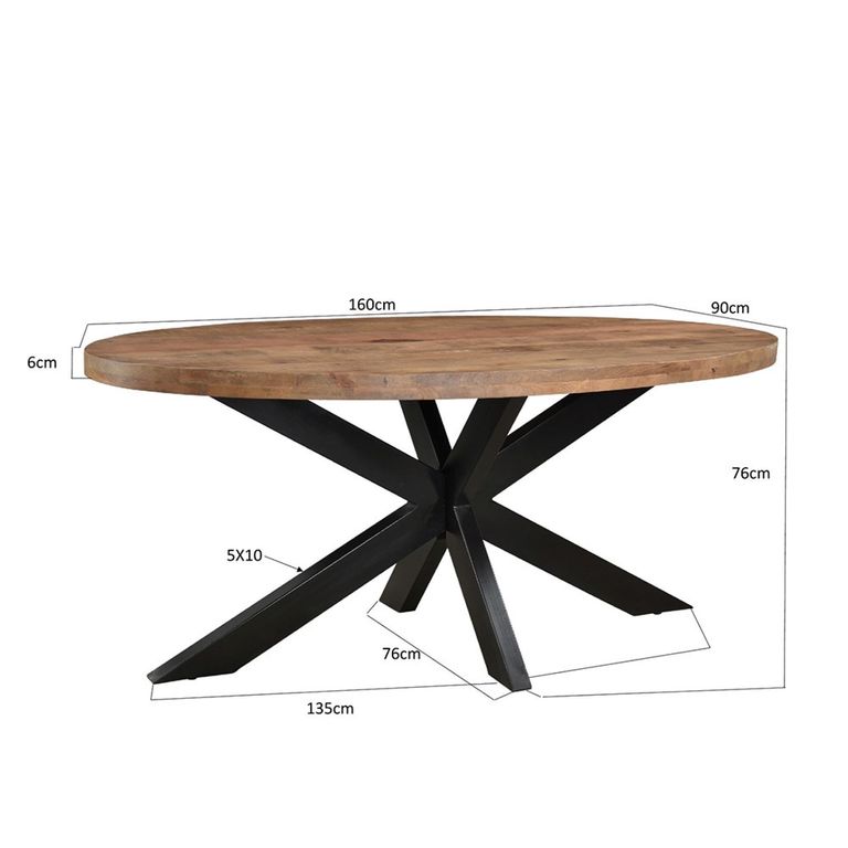 Sturdy Dining Table - 160cm - 6 Seater - Oval - Spider Legs - Natural - Mango Wood